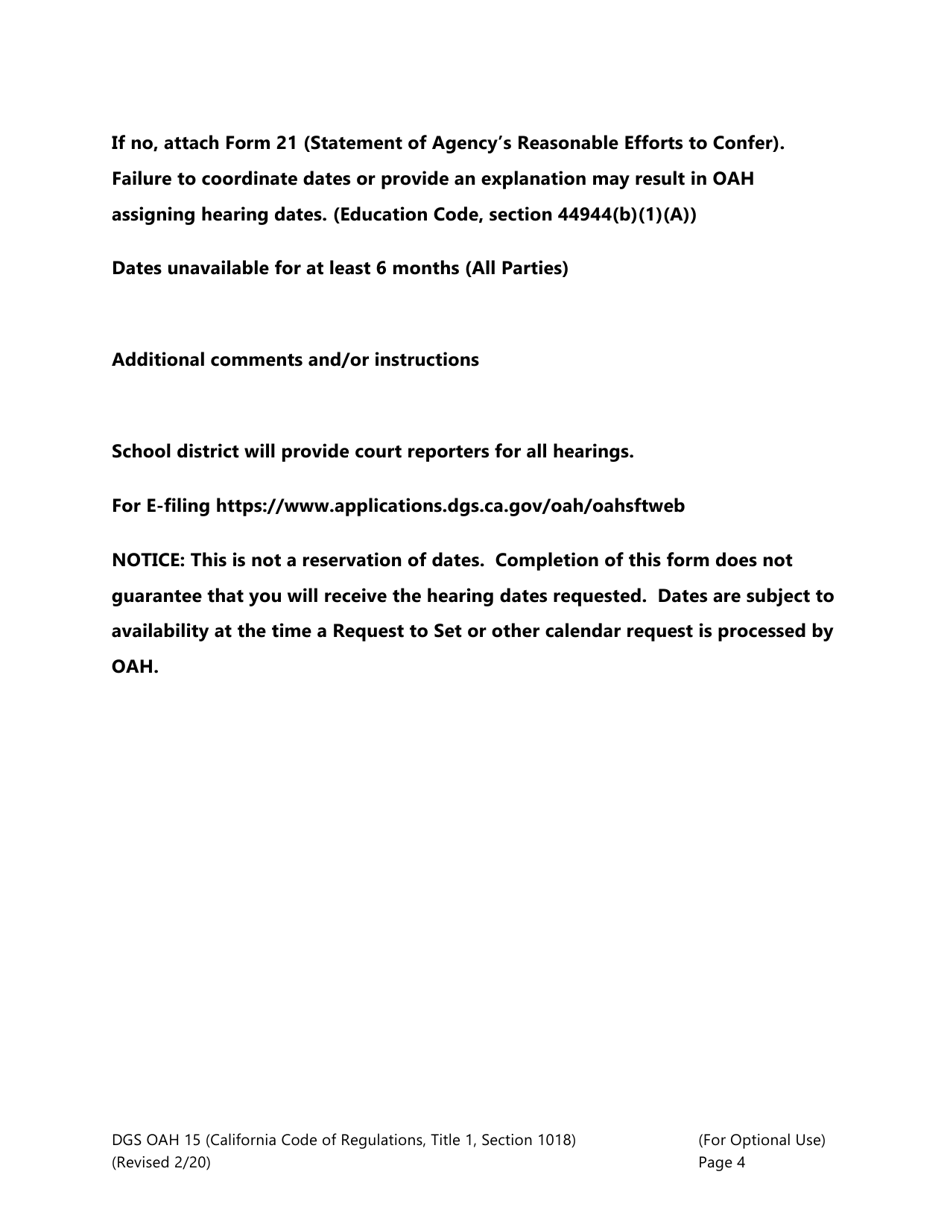 Form DGS OAH15 School District Request to Set - California, Page 4