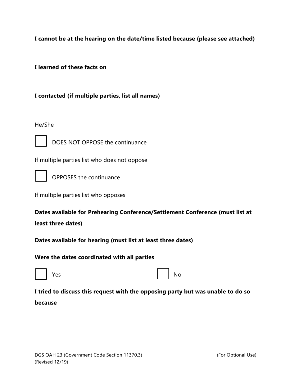 Form DGS OAH23 Request for Continuance by Unrepresented Party - California, Page 2
