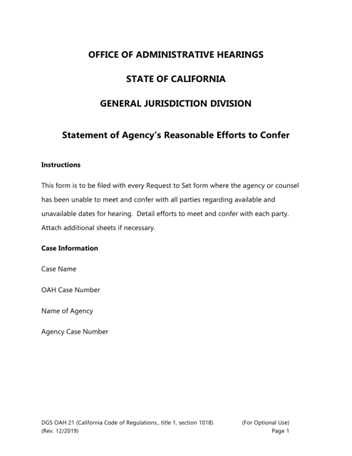 Form DGS OAH21 Statement of Agency's Reasonable Efforts to Confer - California