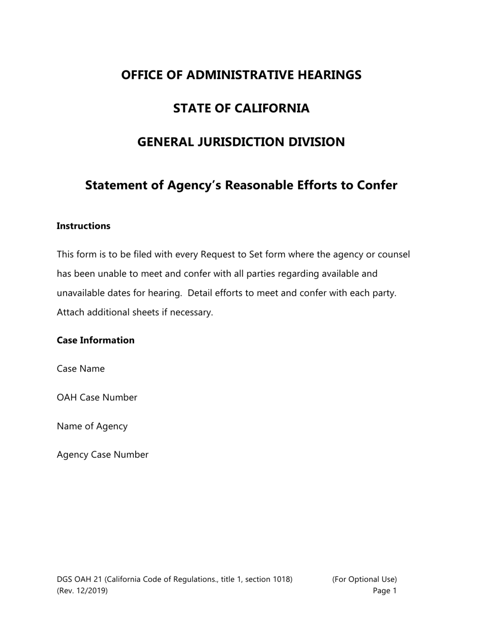 Form DGS OAH21 Statement of Agencys Reasonable Efforts to Confer - California, Page 1