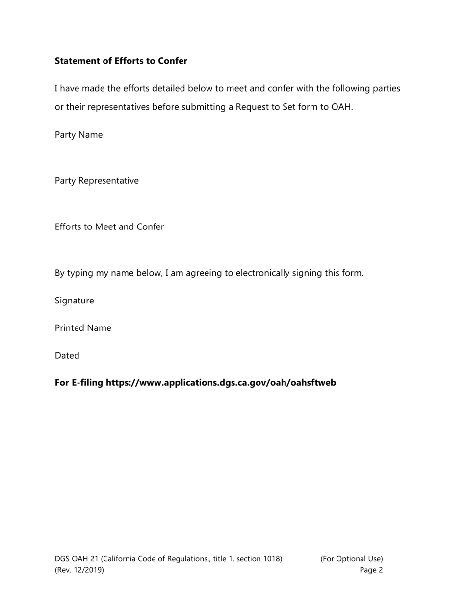 Form DGS OAH21 Statement of Agencys Reasonable Efforts to Confer - California, Page 2