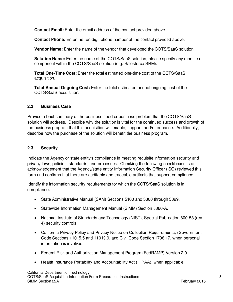 Download Instructions for Form SIMM22B Cots/Saas Acquisition Information Form PDF Templateroller
