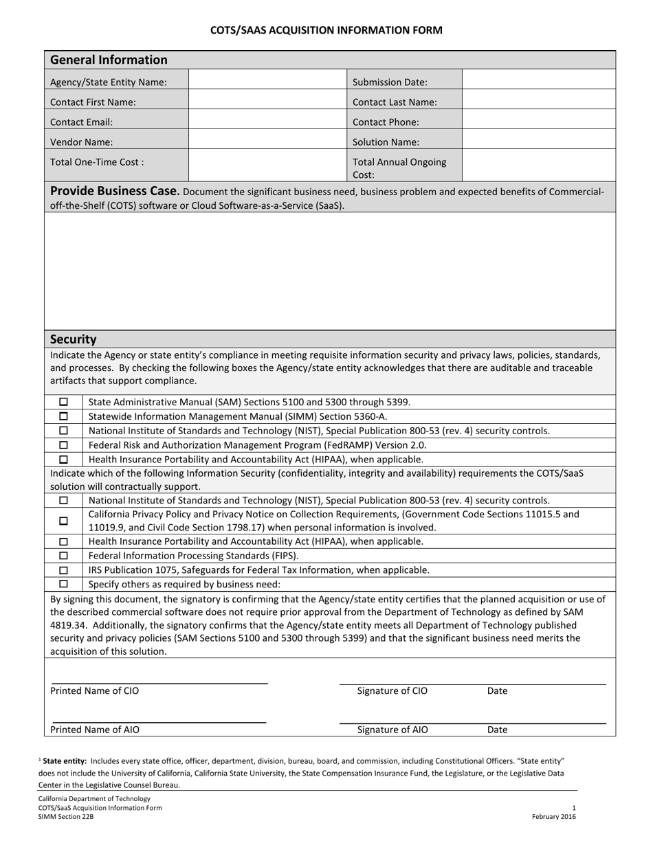 Form SIMM22B Cots / Saas Acquisition Information Form - California, Page 1