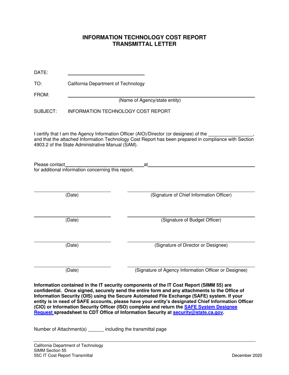 Form SIMM55 Information Technology Cost Report Transmittal Letter - California, Page 1