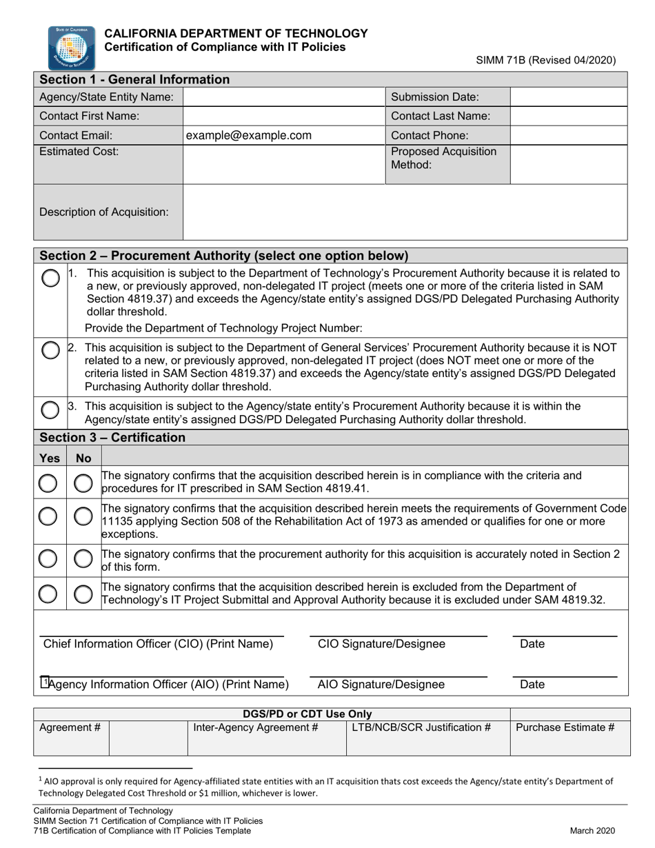 Form SIMM71B Certification of Compliance With It Policies - California, Page 1