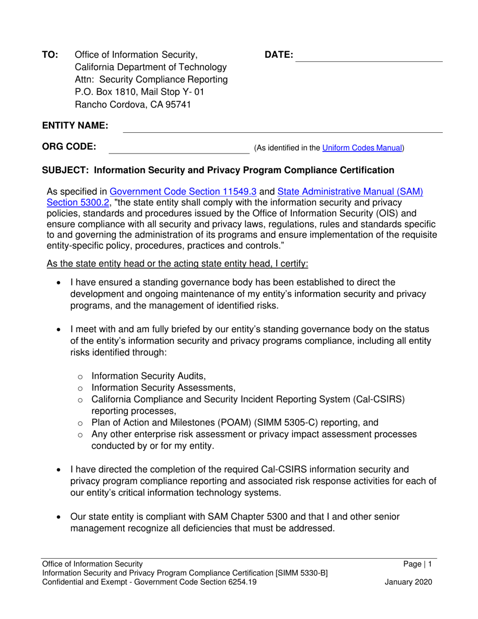 Form SIMM5330-B Information Security and Privacy Program Compliance Certification - California, Page 3