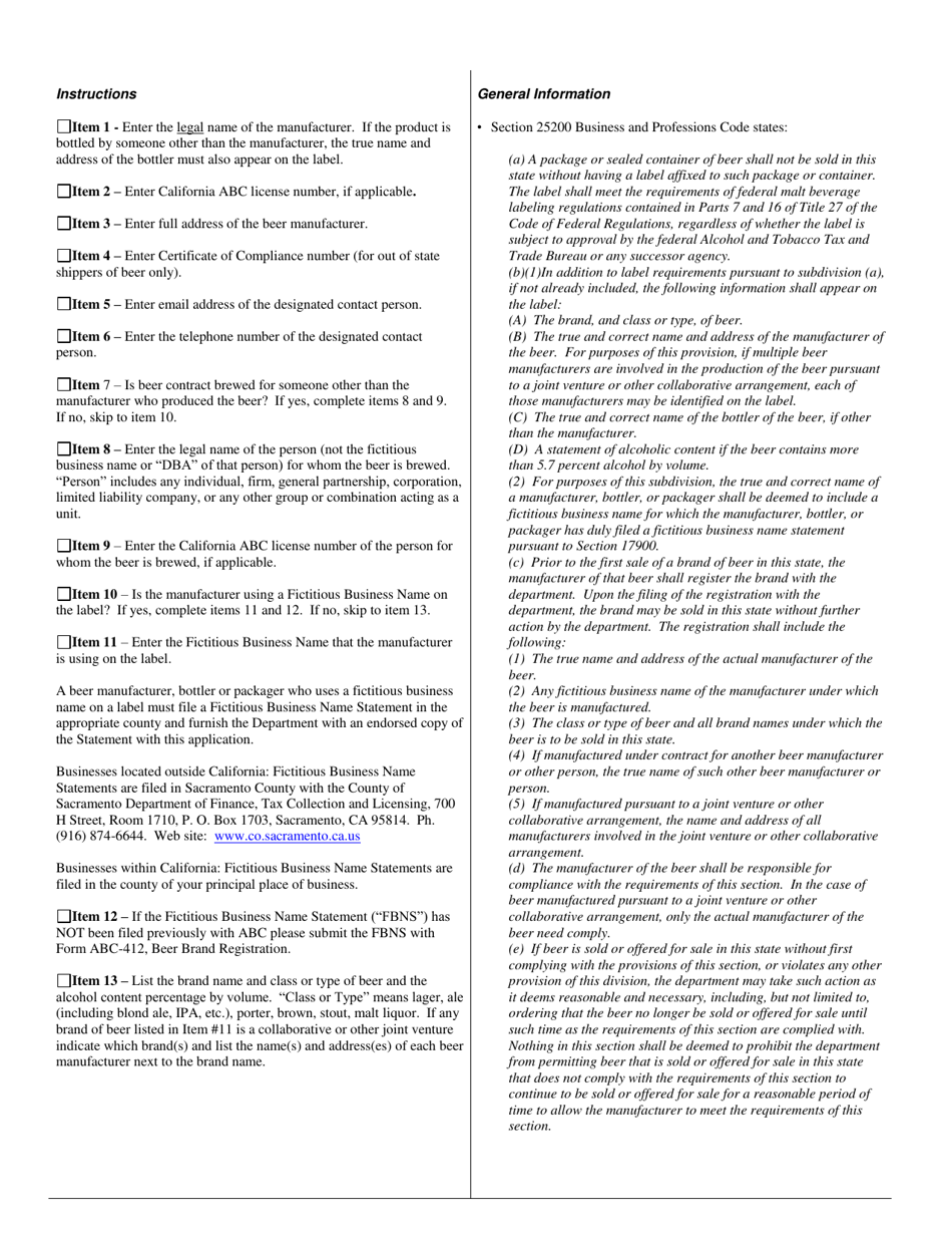 Instructions for Form ABC-412 Beer Brand Registration - California, Page 1