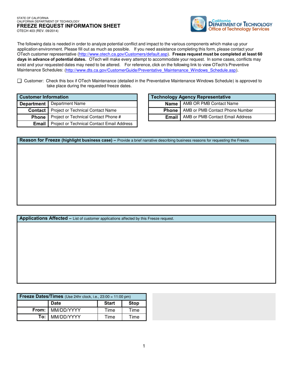 Form OTECH403 Freeze Request Information Sheet - California, Page 1
