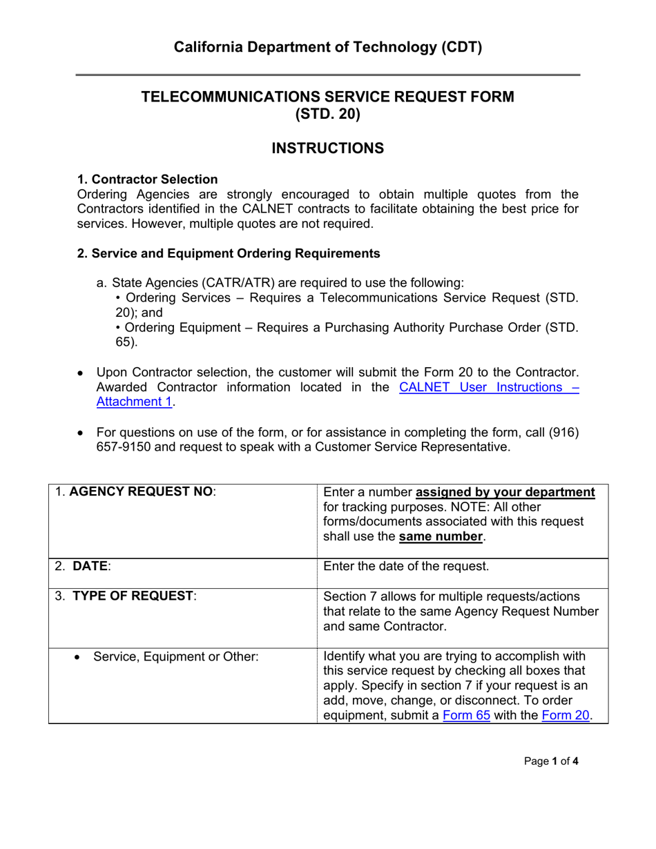 Instructions for Form STD.20 Telecommunications Service Request - California, Page 1