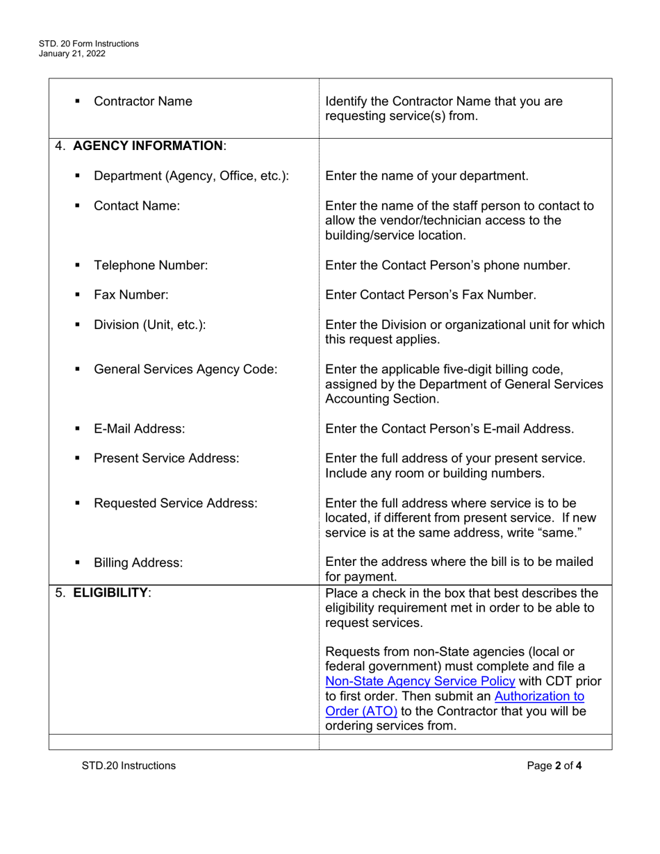 Instructions for Form STD.20 Telecommunications Service Request - California, Page 2