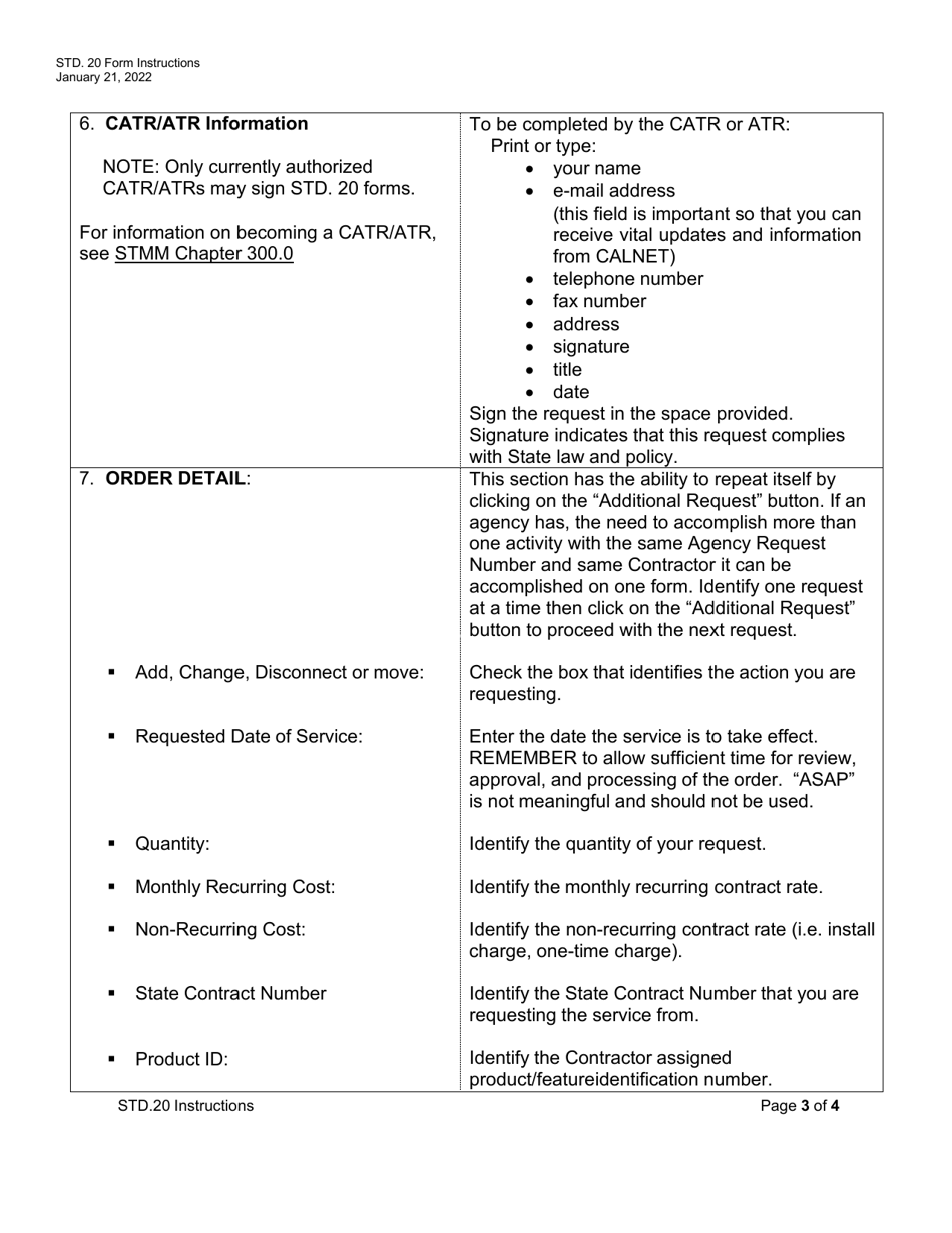 Instructions for Form STD.20 Telecommunications Service Request - California, Page 3