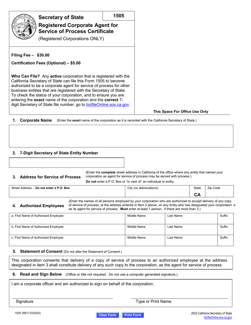 Form 1505 Registered Corporate Agent for Service of Process Certificate - California, Page 2