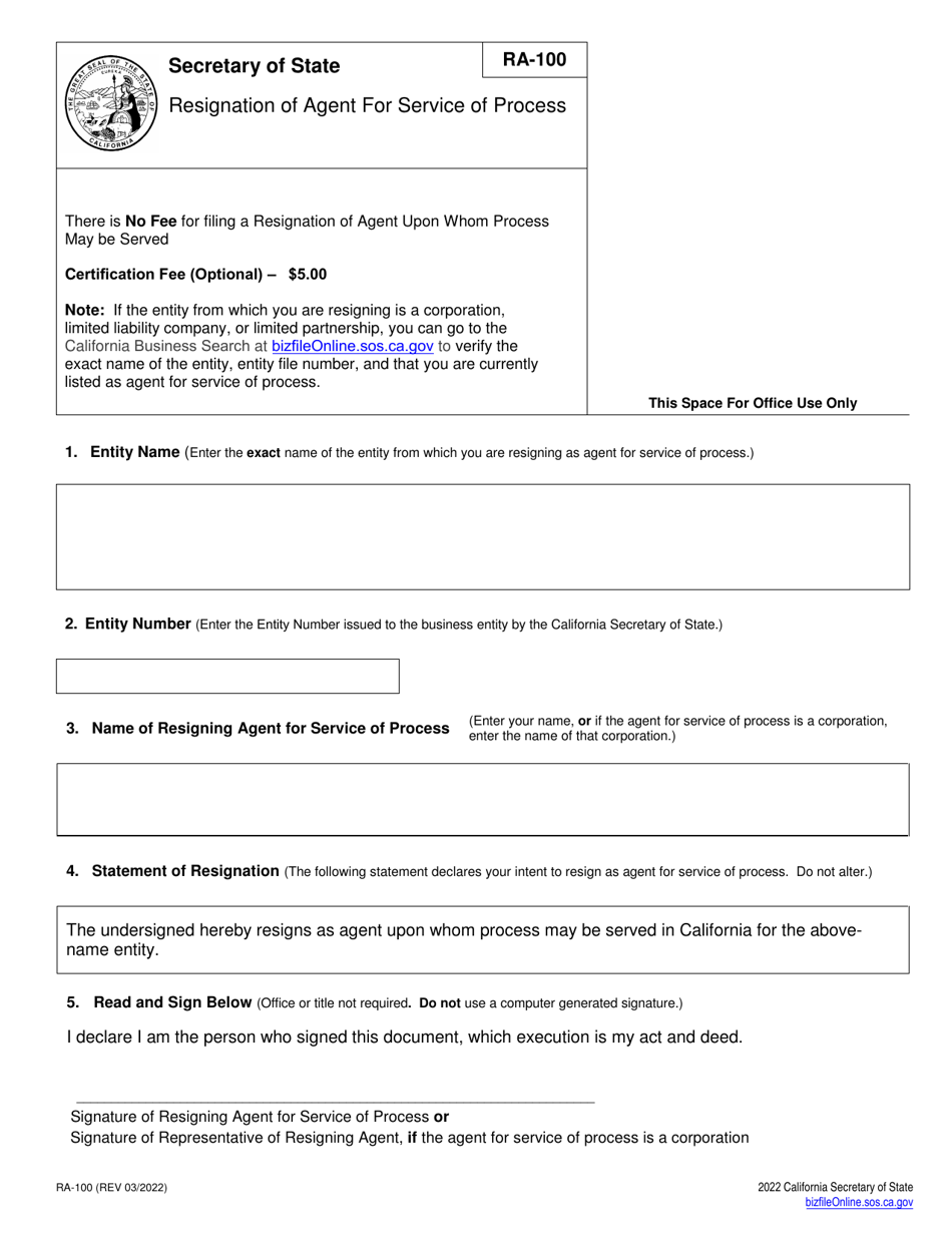 Form RA-100 Resignation of Agent for Service of Process - California, Page 2
