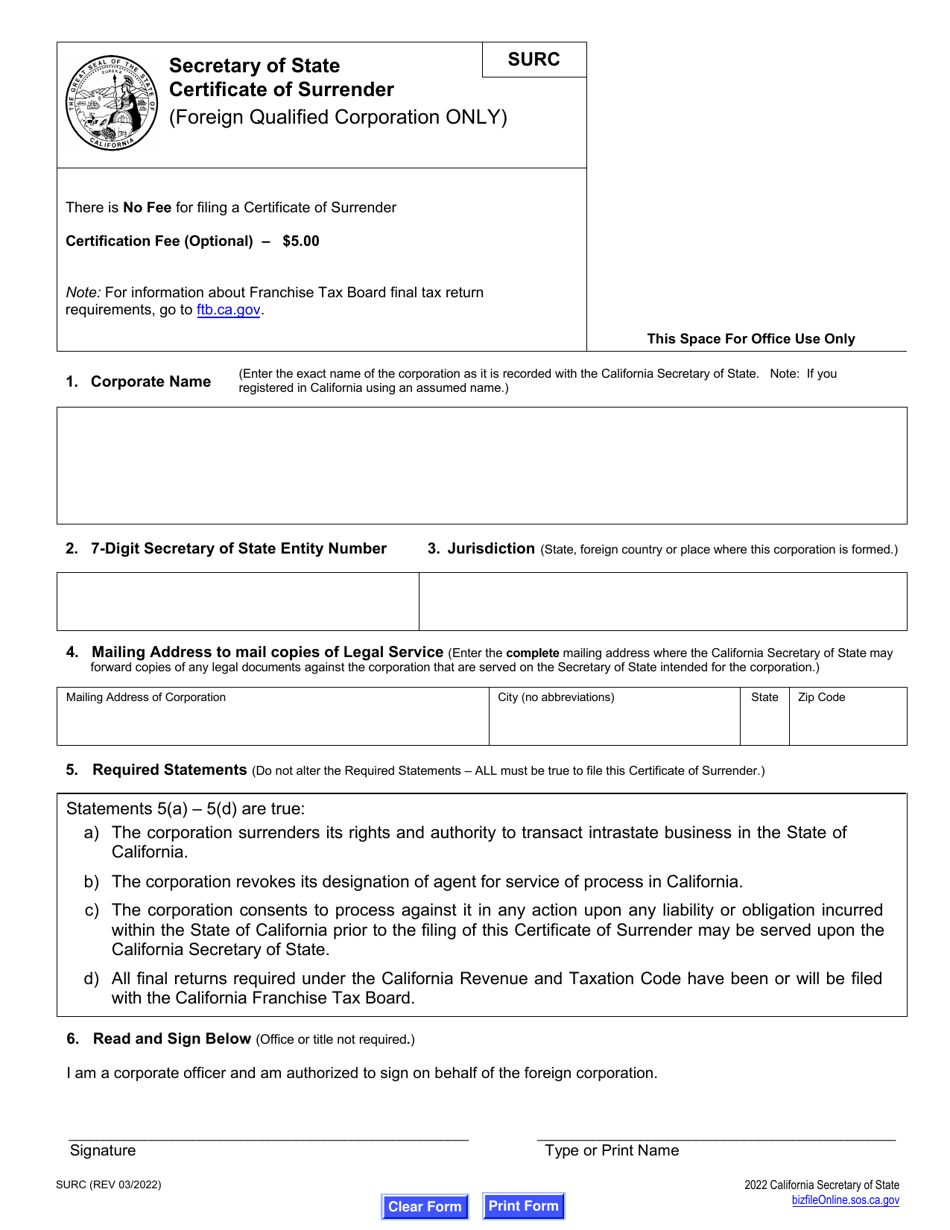 Form SURC Download Fillable PDF or Fill Online Certificate of Surrender ...