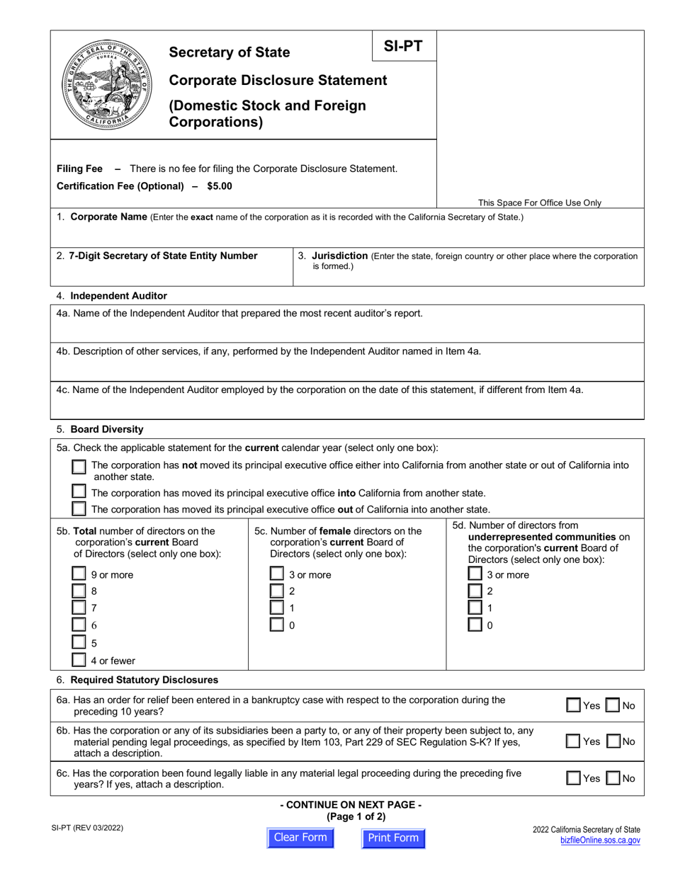 Form SI-PT Corporate Disclosure Statement (Domestic Stock and Foreign Corporations) - California, Page 2