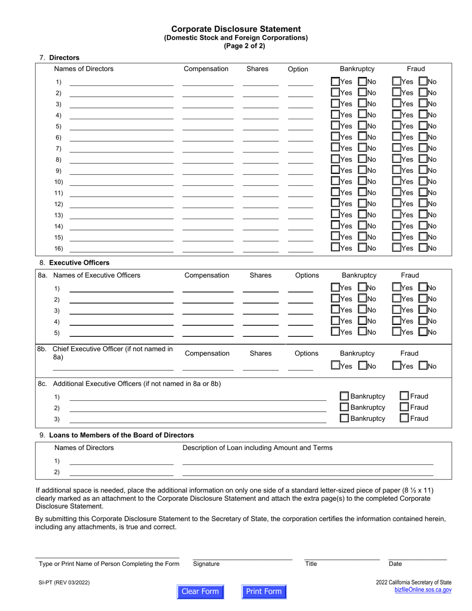 Form SI-PT Corporate Disclosure Statement (Domestic Stock and Foreign Corporations) - California, Page 3