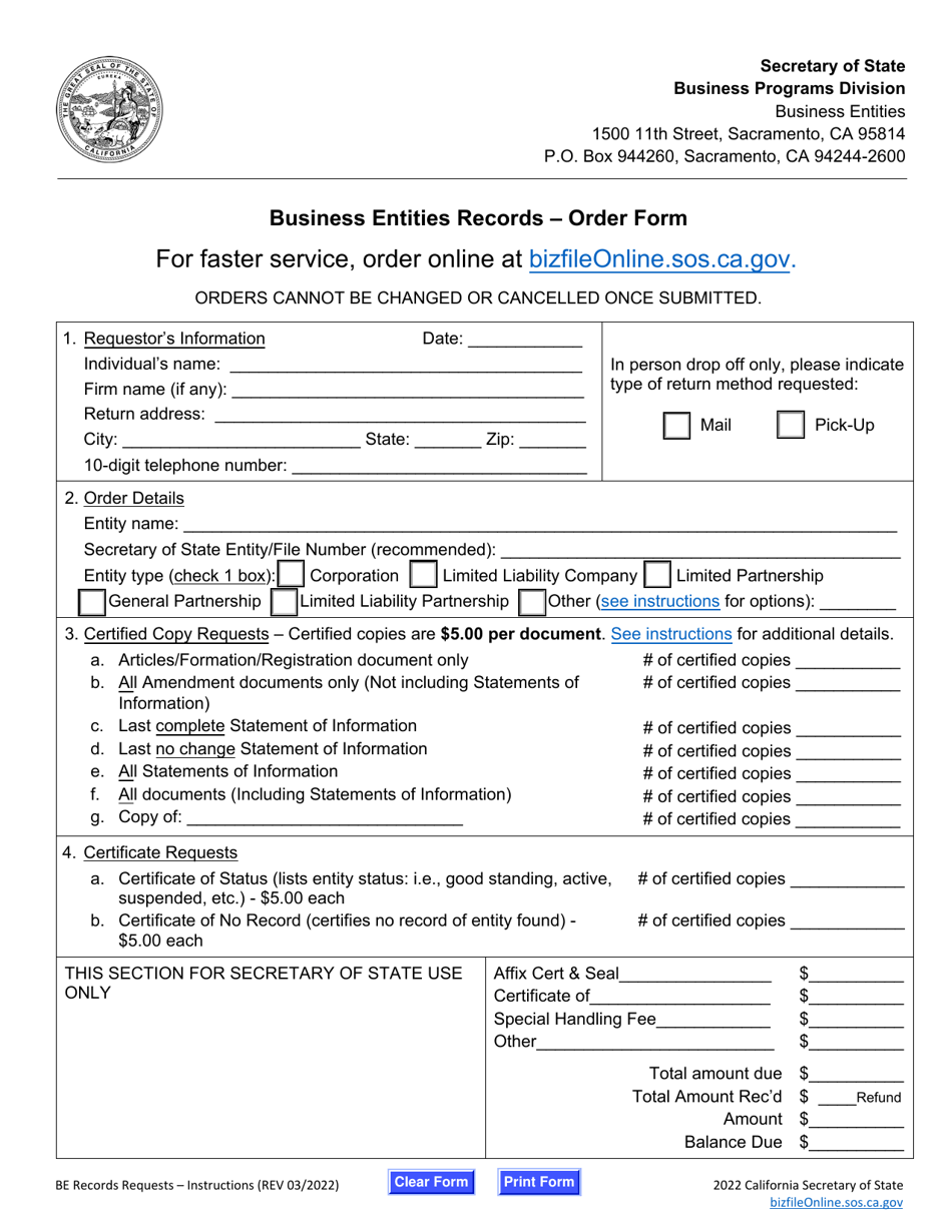 Business Entities Records Order Form - California, Page 1