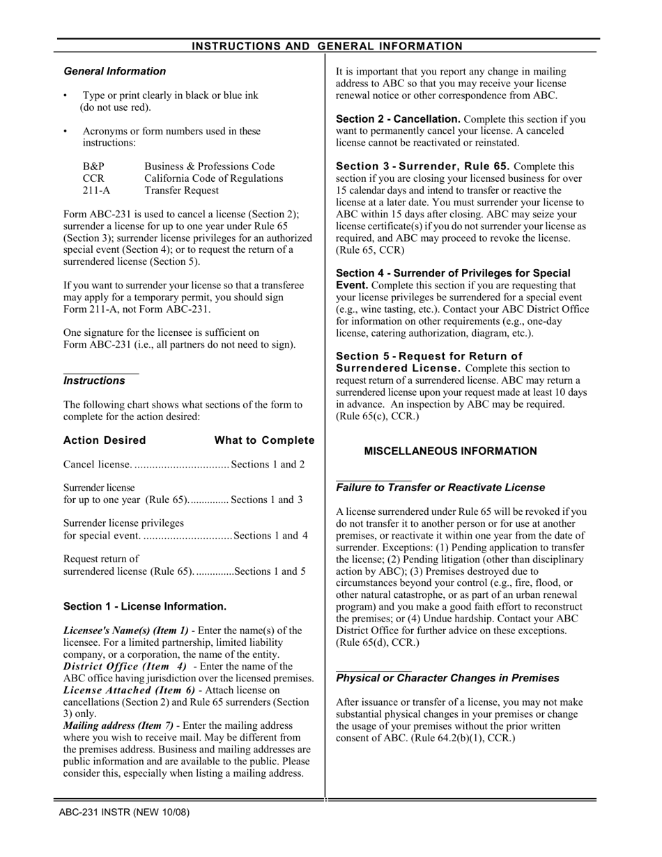 Instructions for Form ABC-231 License Action Request - California, Page 1