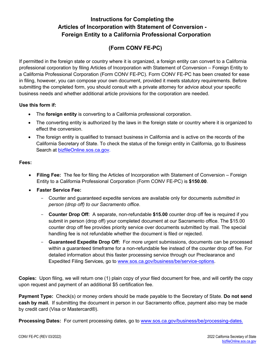 Form CONV FE-PC Articles of Incorporation With Statement of Conversion - Foreign Entity to a California Professional Corporation - California, Page 2