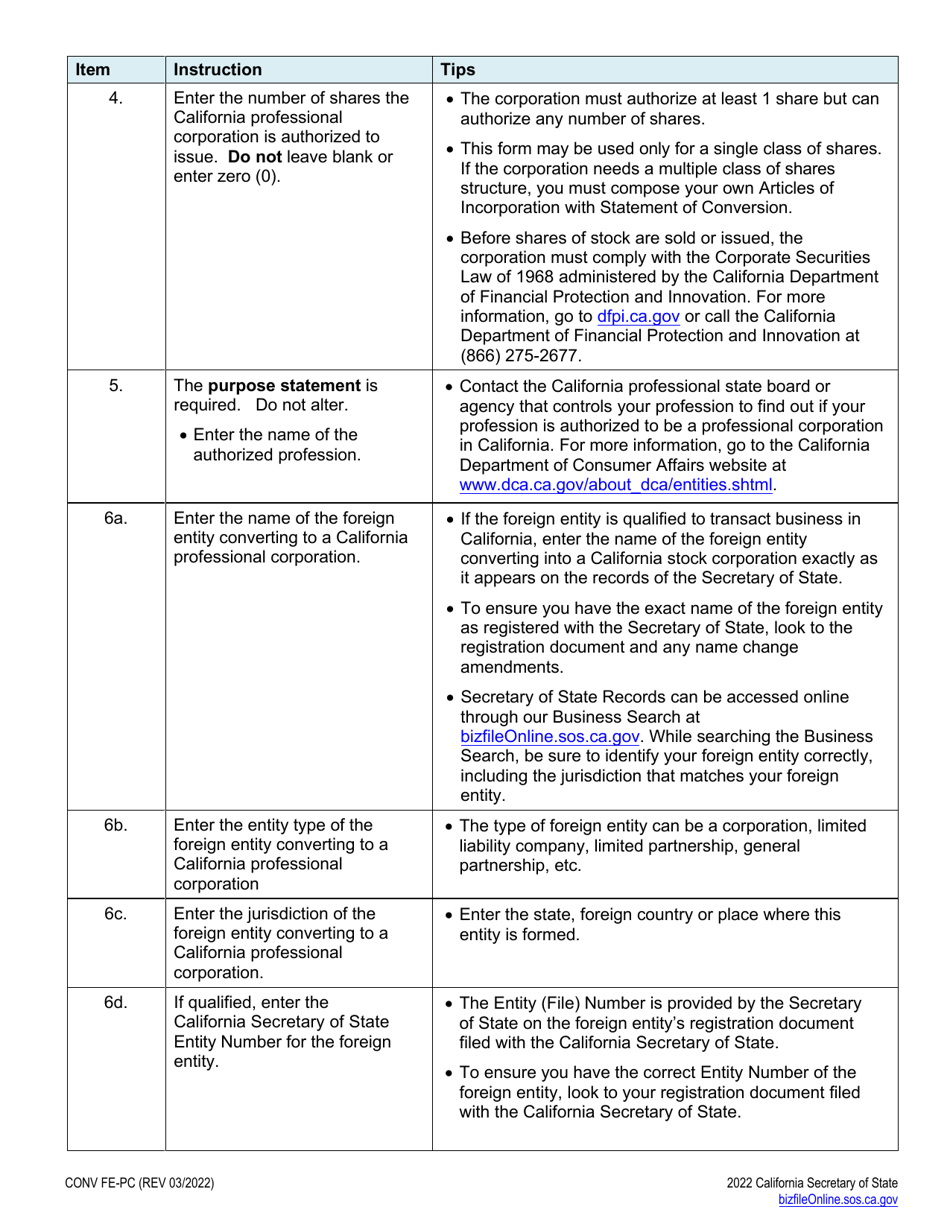 Form CONV FE-PC Articles of Incorporation With Statement of Conversion - Foreign Entity to a California Professional Corporation - California, Page 5