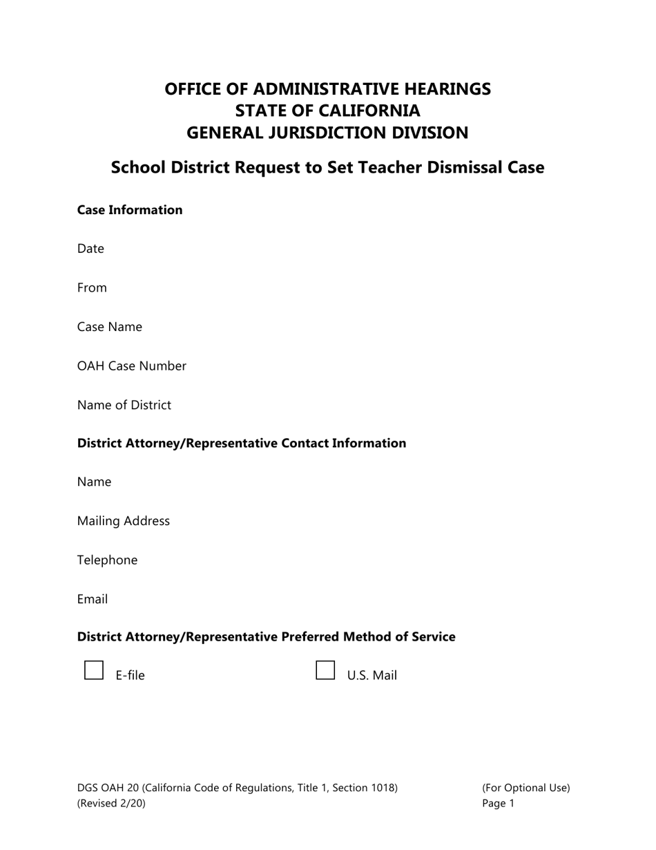 Form DGS OAH20 School District Request to Set Teacher Dismissal Case - California, Page 1
