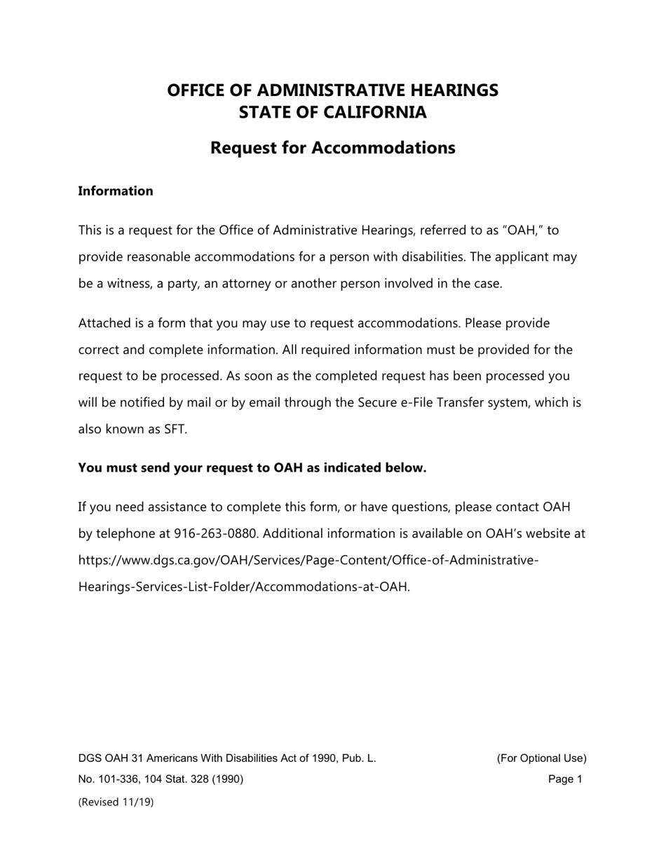 Form DGS OAH31 Request for Accommodation - California, Page 1