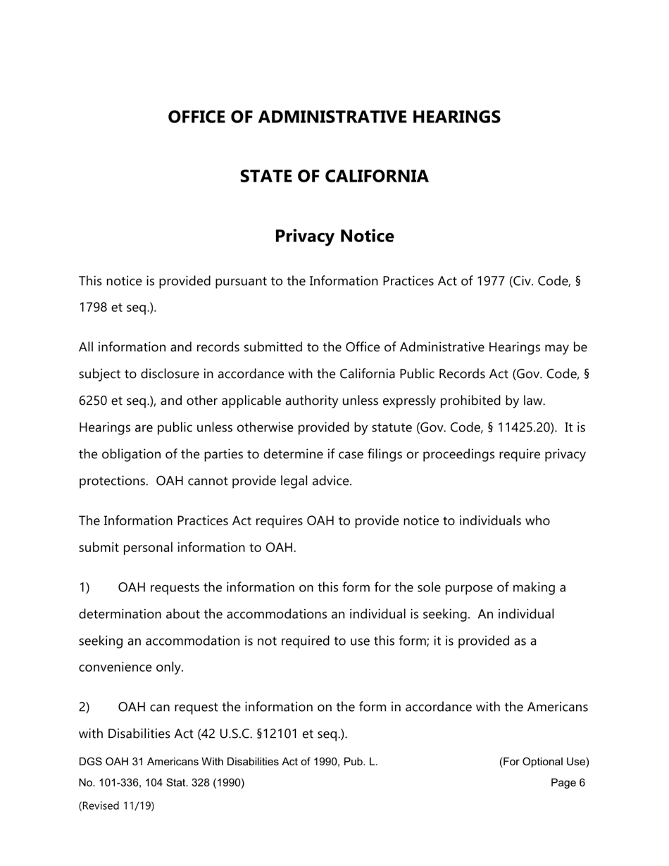 Form DGS OAH31 Request for Accommodation - California, Page 6