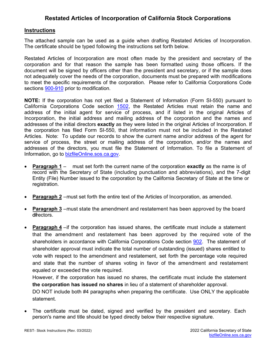 California Restated Articles of Incorporation - Stock - Sample - Fill ...