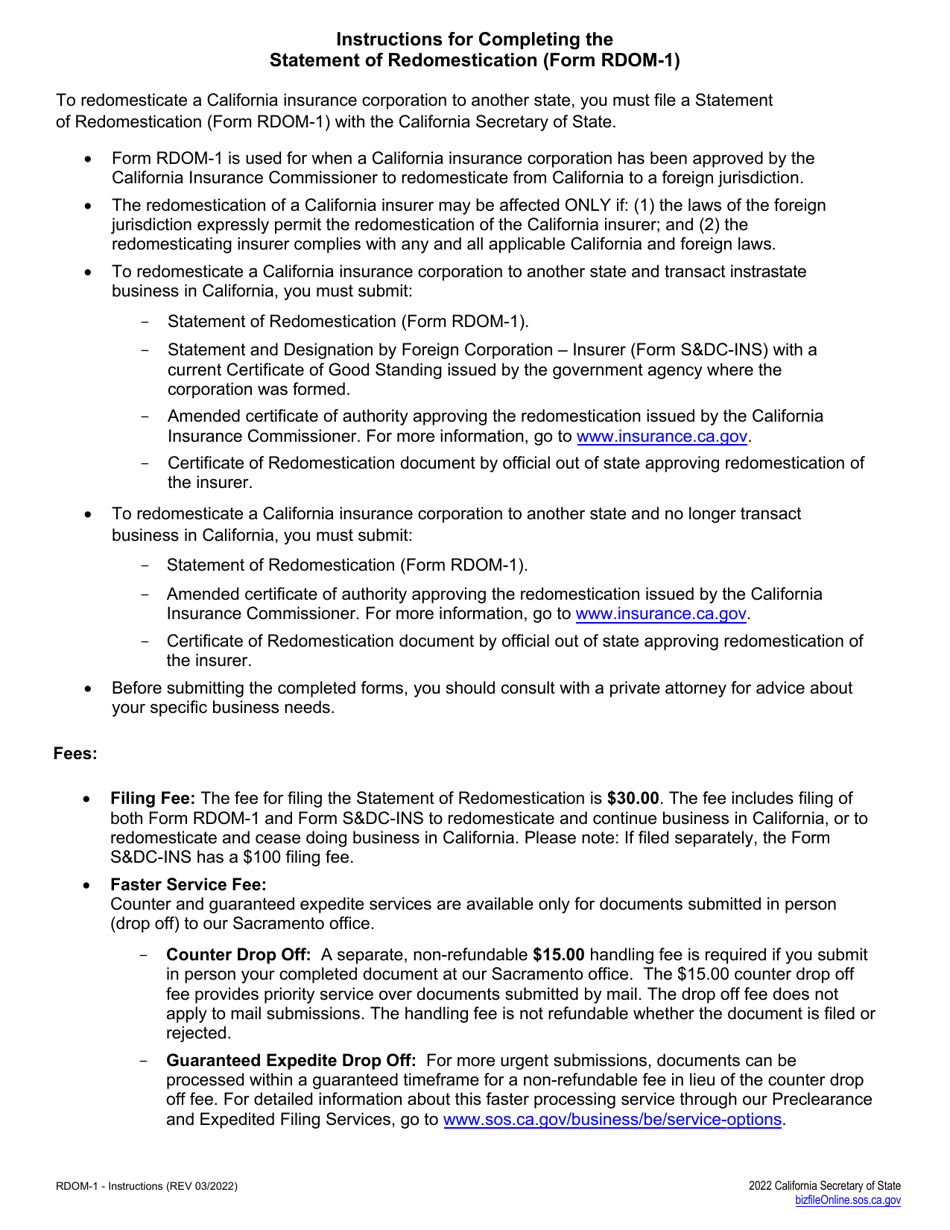 Form RDOM-1 Statement of Redomestication (California Insurer Only) - California, Page 2