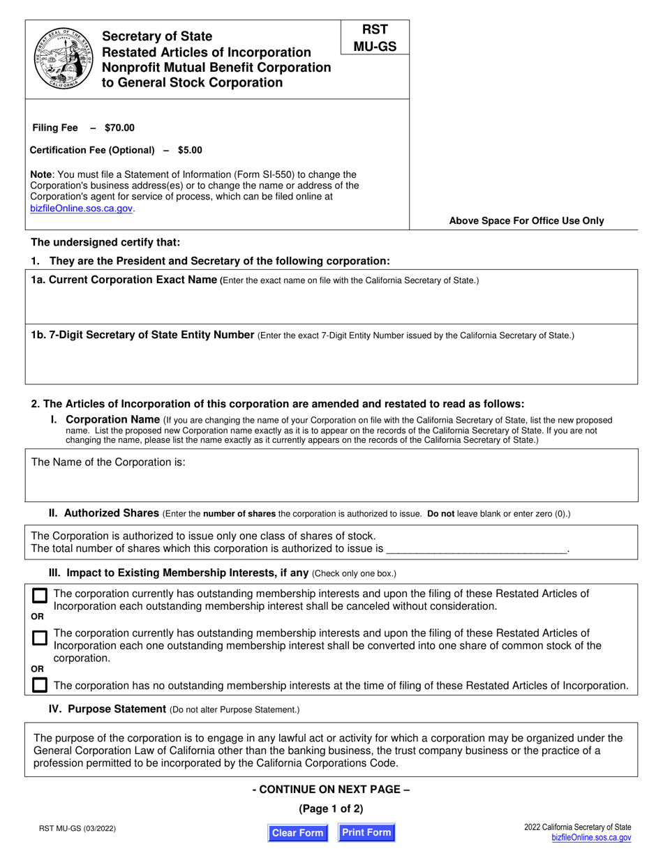 Form RST MU-GS Restated Articles of Incorporation - Nonprofit Mutual Benefit Corporation to General Stock Corporation - California, Page 2
