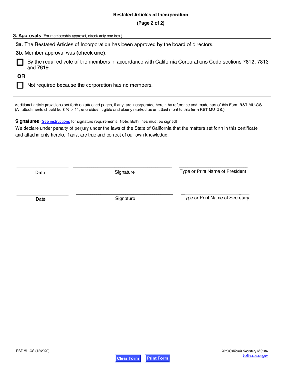 Form RST MU-GS Restated Articles of Incorporation - Nonprofit Mutual Benefit Corporation to General Stock Corporation - California, Page 3