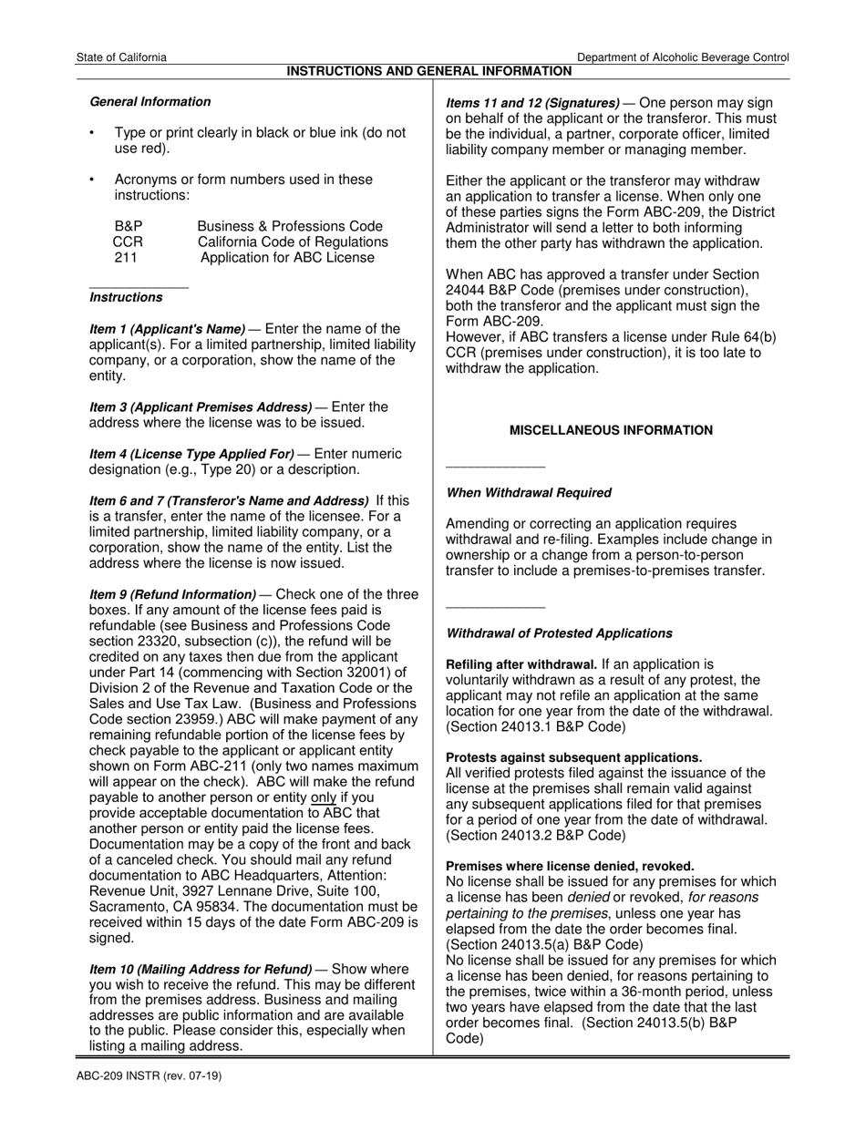 Instructions for Form ABC-209 Application Withdrawal - California, Page 1