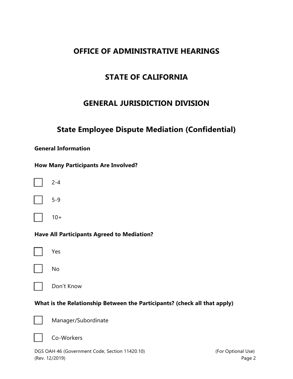 Form DGS OAH46 State Employee Dispute Mediation (Confidential) - California, Page 1