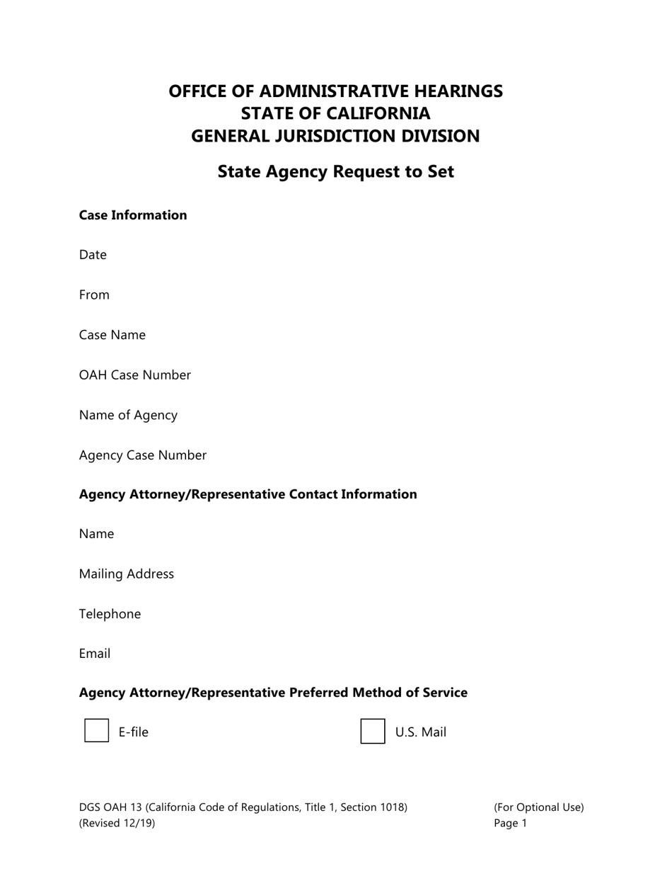 Form DGS OAH13 State Agency Request to Set - California, Page 1