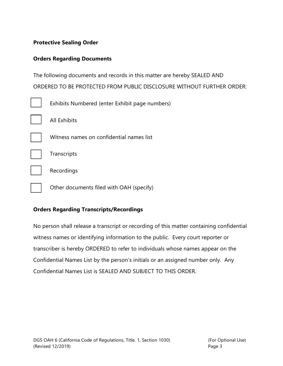 Form DGS OAH6 Protective Order Sealing Confidential Records - California, Page 3