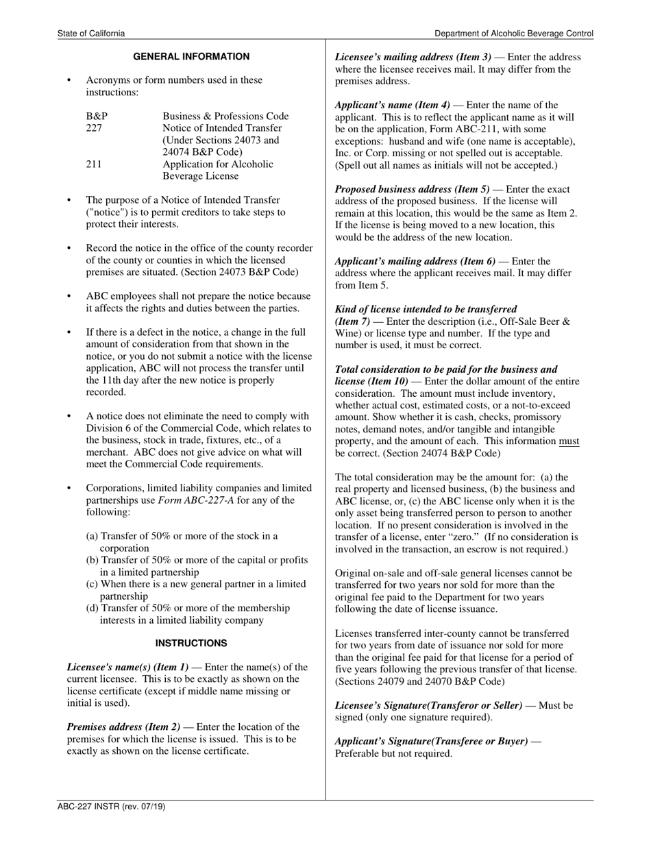 Download Instructions for Form ABC227 Notice of Intended Transfer of
