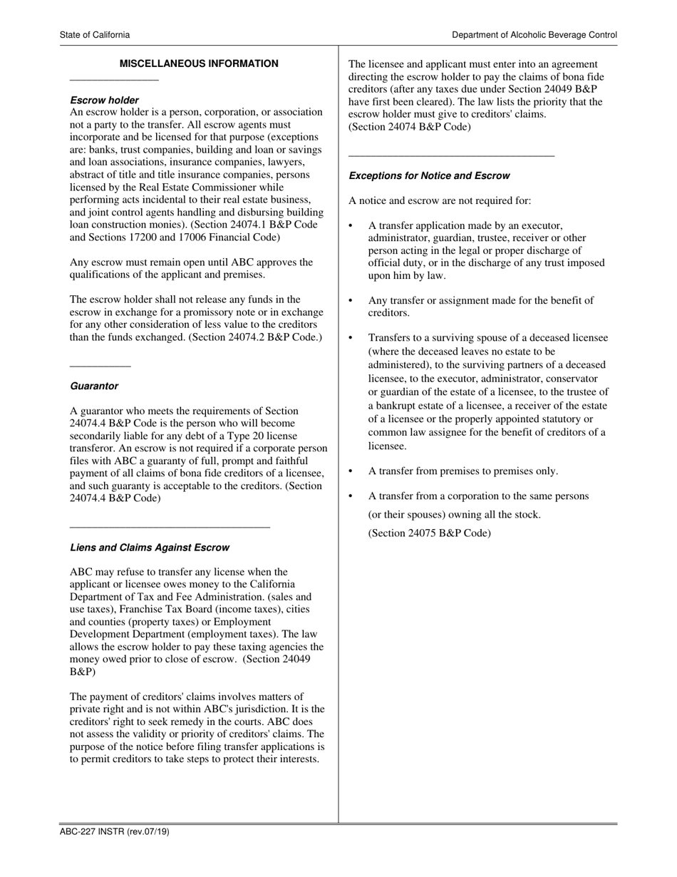 Instructions for Form ABC-227 Notice of Intended Transfer of Retail Alcoholic Beverage License Under Sections 24073 and 24074 California Business and Professions Code - California, Page 2