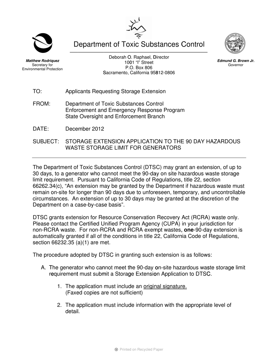 DTSC Form 1313 Hazardous Waste Storage Extension Application - California, Page 1