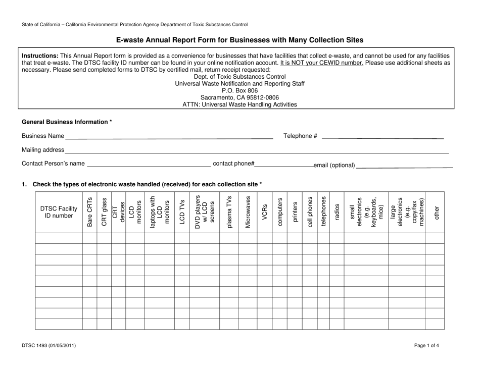 DTSC Form 1493 E-Waste Annual Report Form for Businesses With Many Collection Sites - California, Page 1