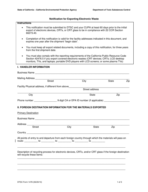 DTSC Form 1478  Printable Pdf