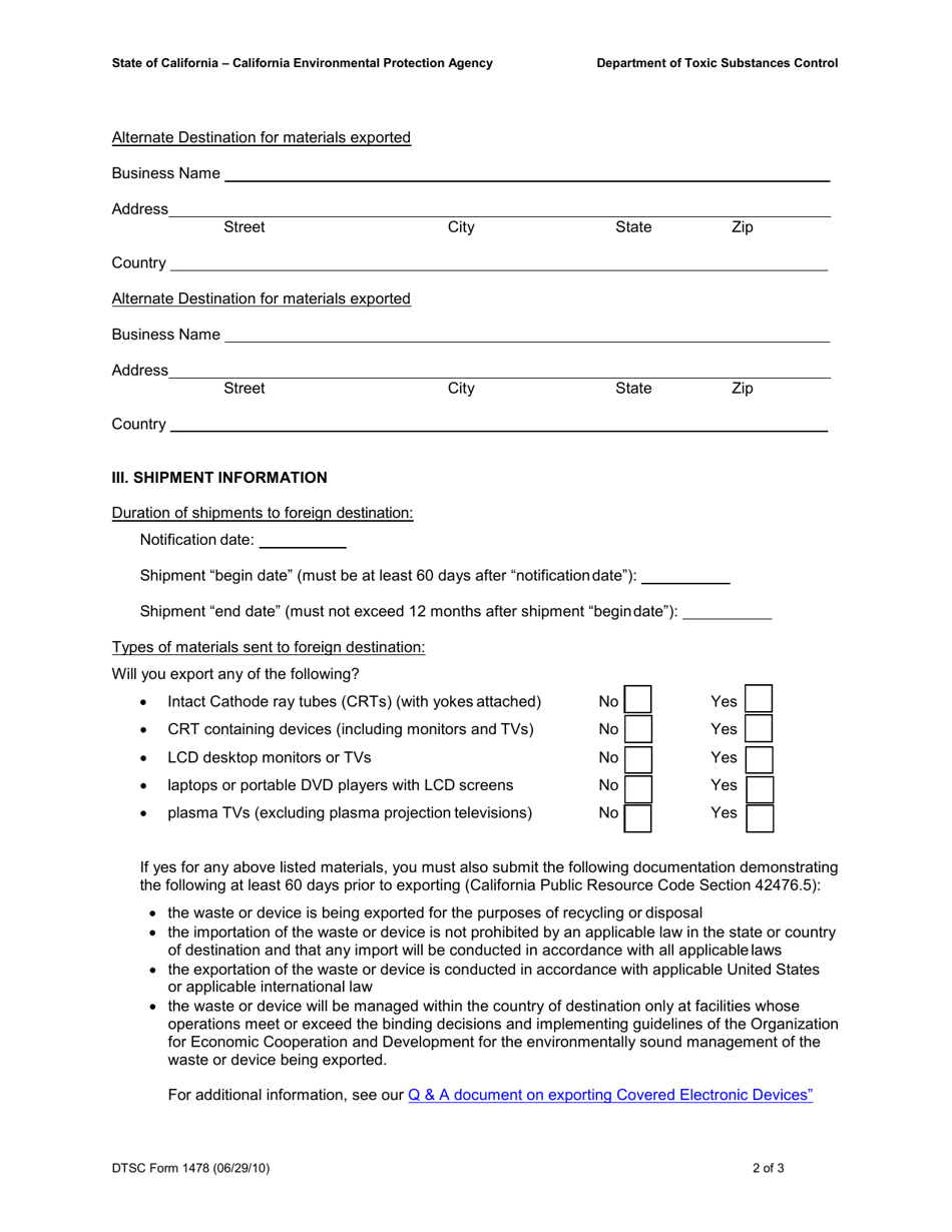 DTSC Form 1478 Notification for Exporting Electronic Waste - California, Page 2