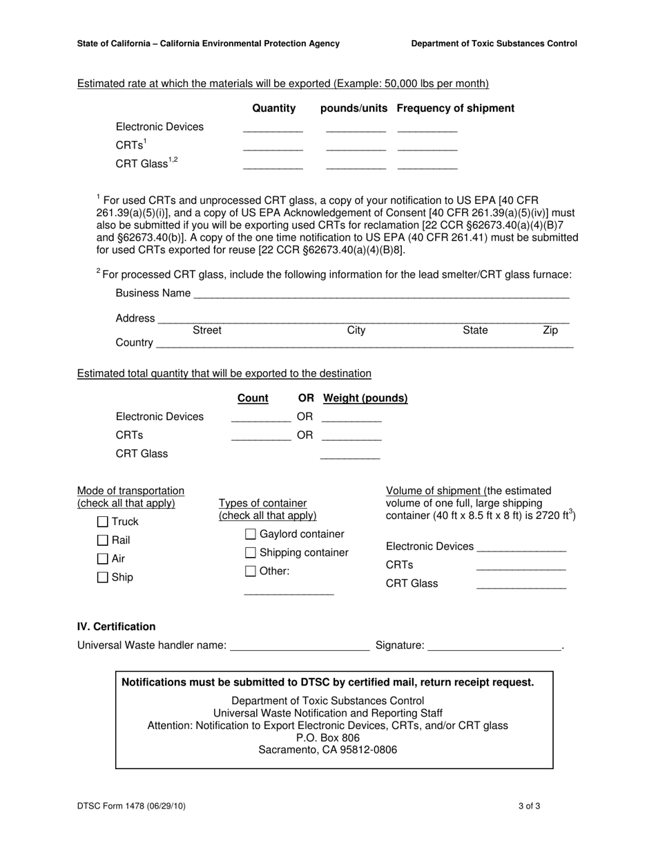 DTSC Form 1478 Notification for Exporting Electronic Waste - California, Page 3