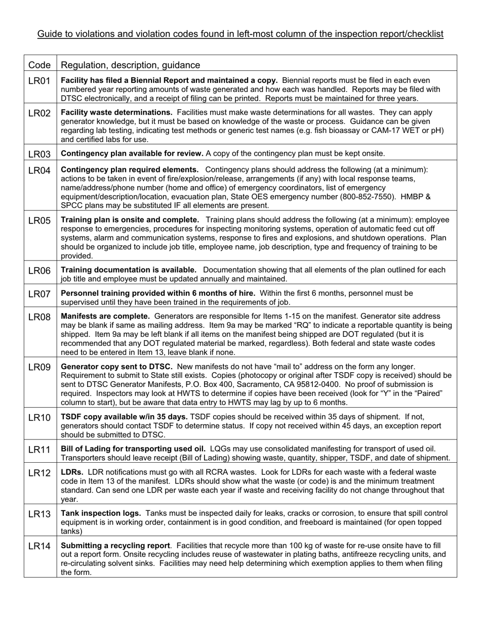 California Hazardous Waste Large Quantity Generator Inspection Form