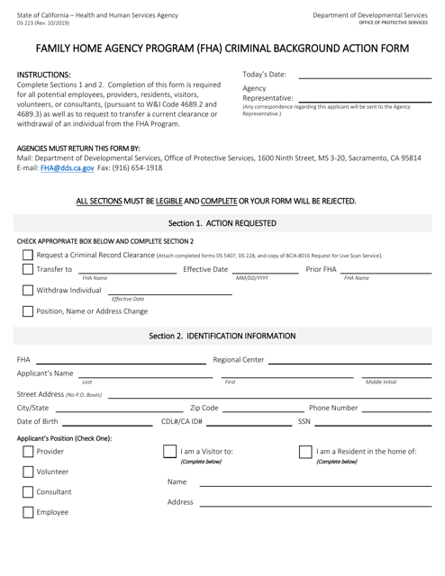 Form DS223 Criminal Background Action Form - Family Home Agency Program (Fha) - California