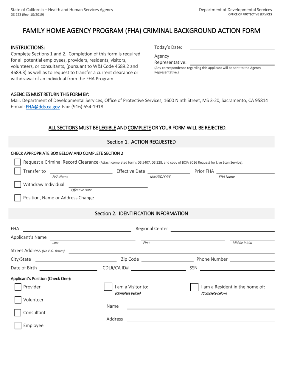 Form DS223 Criminal Background Action Form - Family Home Agency Program (Fha) - California, Page 1