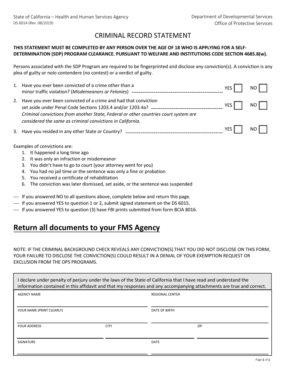 Form DS6014 Criminal Record Statement - California, Page 1