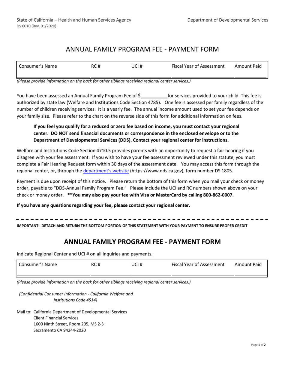 Form DS6010 Annual Family Program Fee - Payment Form - California, Page 1