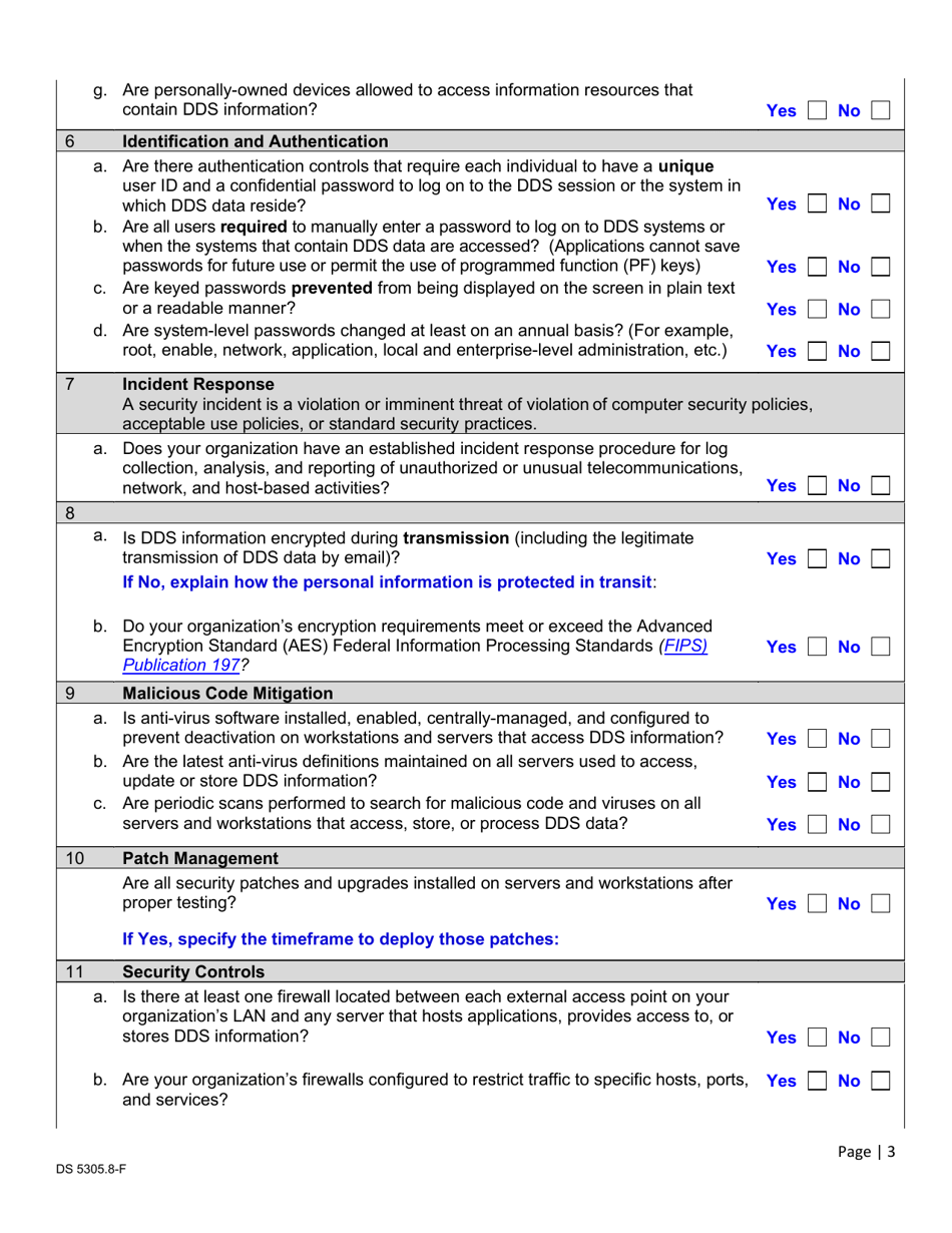 Form DS5305-8-F Data Exchange Security Questionnaire Form - California, Page 3