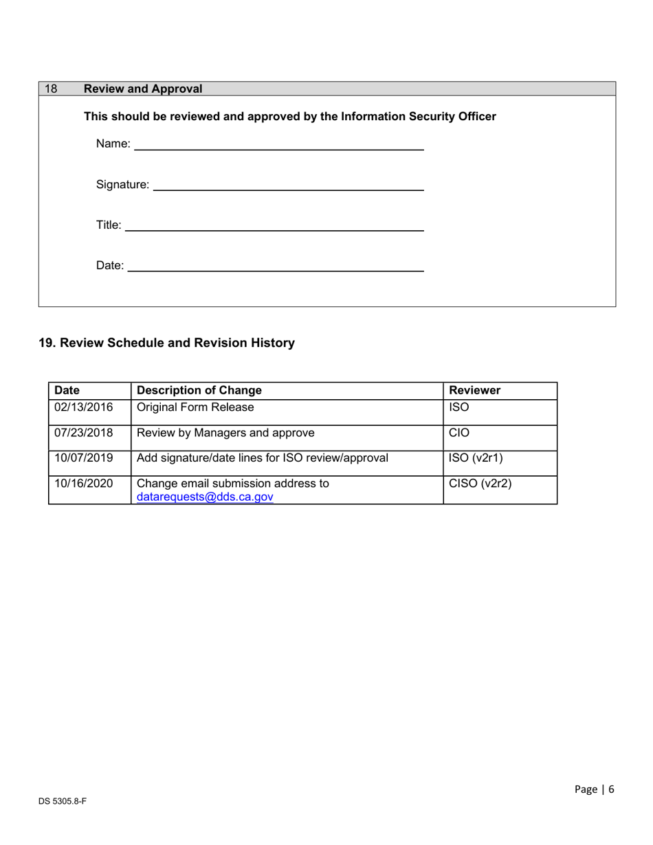 Form DS5305-8-F Data Exchange Security Questionnaire Form - California, Page 6