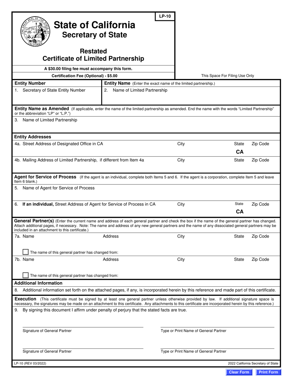 Form LP-10 Download Fillable PDF or Fill Online Restated Certificate of ...